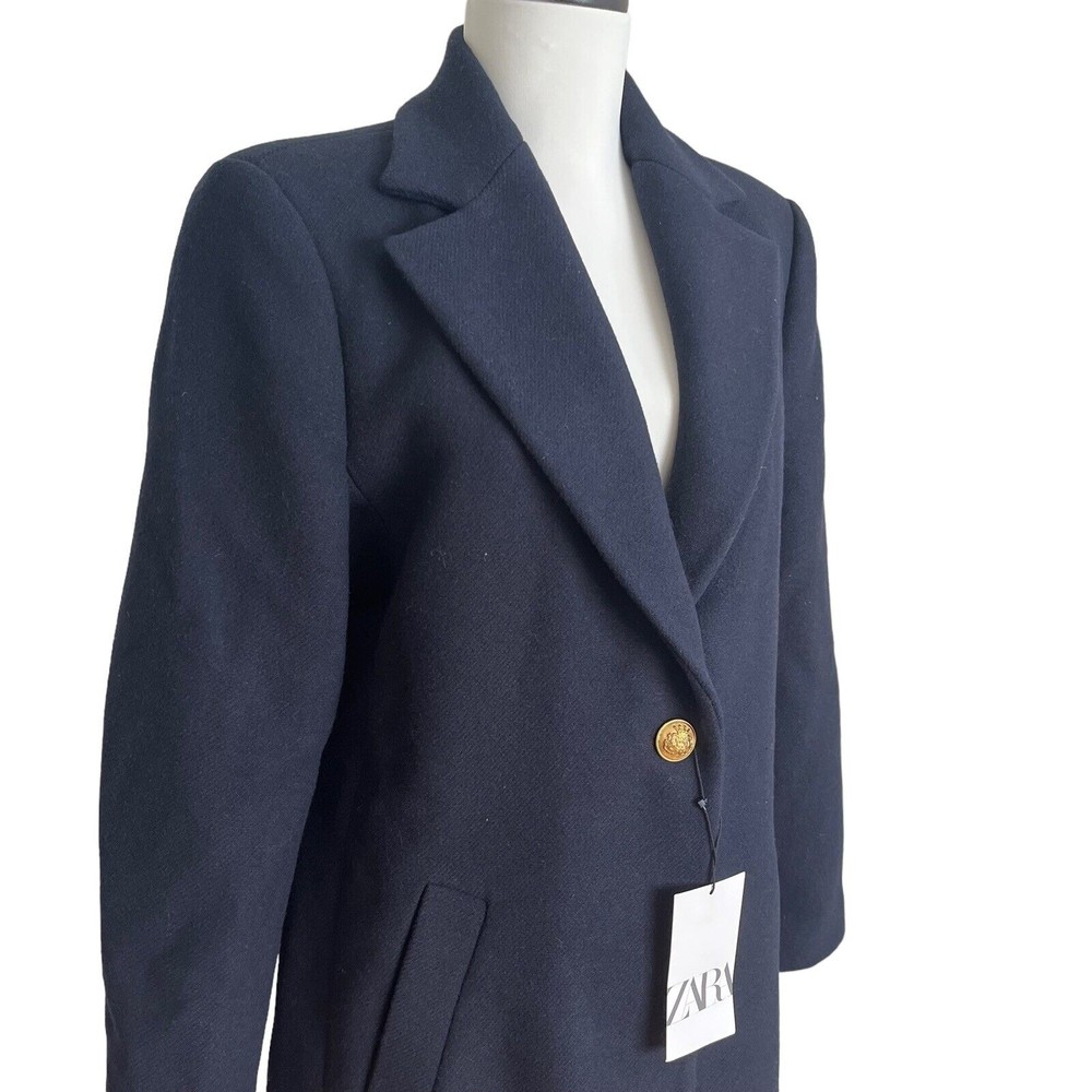 Zara Coat Wool Blend Long Dark Navy Blue One Gold Button Lined Womens L 8367/734 - Picture 9 of 12